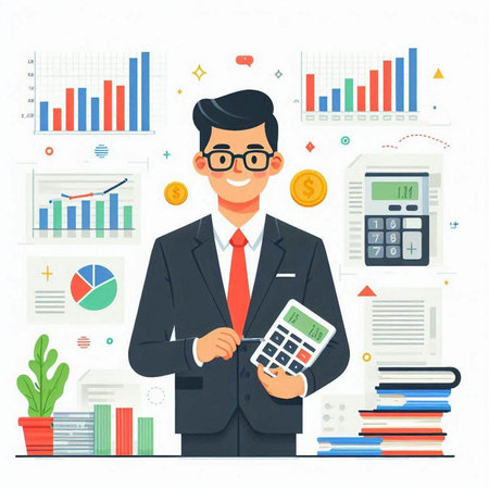 Businessman with calculator and financial charts. Vector illustration in flat styleのイラスト素材
