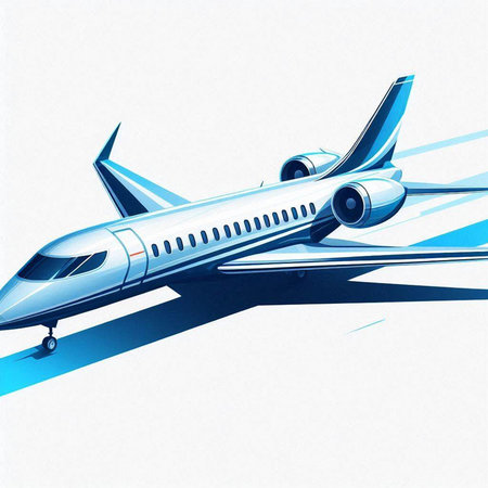 Airplane flying in the sky. Blue and white colors. Vector illustration.