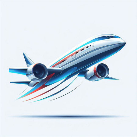 Airplane with blue and red stripes on white background. Vector illustration.