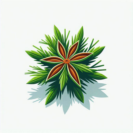 Illustration of star anise and green leaves on a white backgroundのイラスト素材