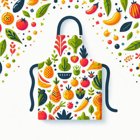 Kitchen apron with fruits and vegetables. Hand drawn vector illustration.のイラスト素材