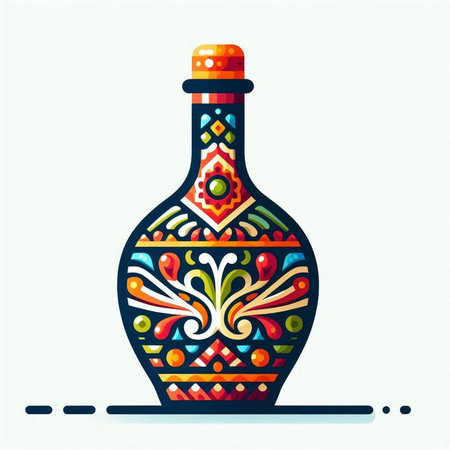 Colorful vector illustration of a bottle with floral ornament. Doodle style.のイラスト素材