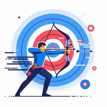 Archery target with bow and arrow. Man aiming at the target. Flat vector illustration.のイラスト素材