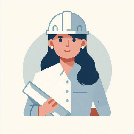 Female engineer in hardhat holding blueprint. Vector illustration in flat styleのイラスト素材