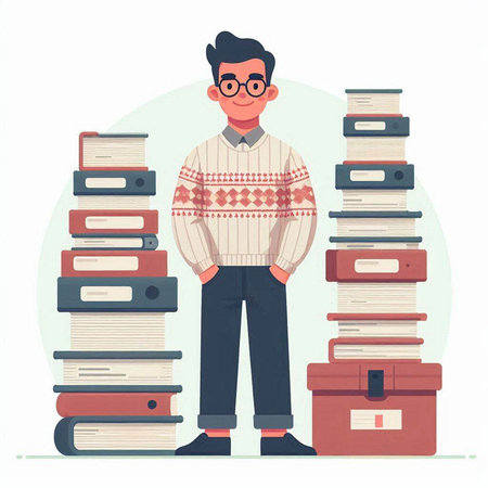 Young man standing near piles of books. Vector illustration in flat styleのイラスト素材