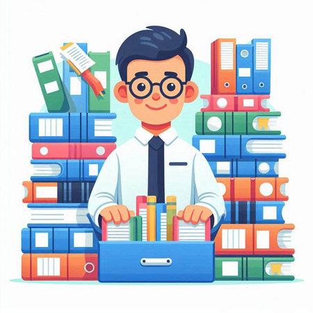 Cartoon vector illustration of a male office worker holding a pile of foldersのイラスト素材