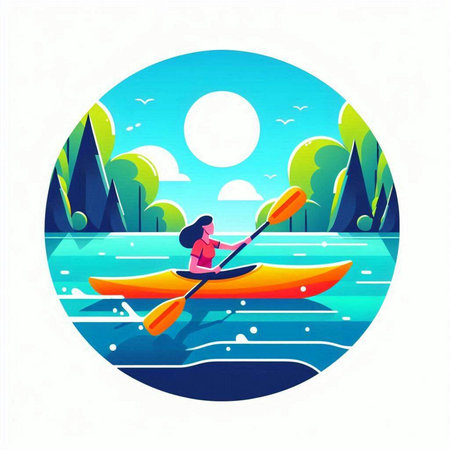 Woman paddling a kayak in the river. Vector illustration.のイラスト素材