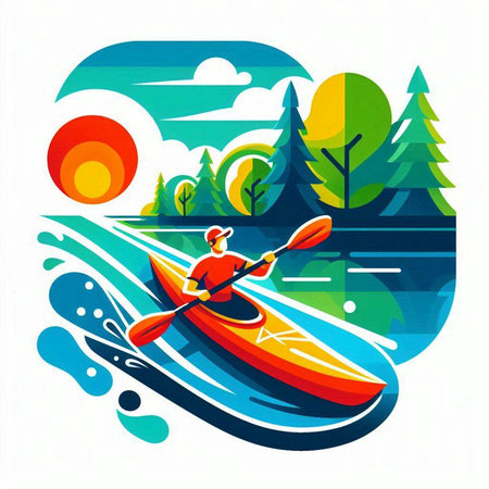 Kayaking on the river. Vector illustration in a flat style.のイラスト素材