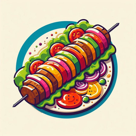 Grilled kebab on skewer with vegetables. Vector illustration.のイラスト素材