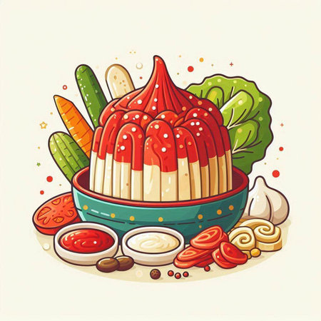 Illustration of a bowl of korean food with vegetables and sauceのイラスト素材