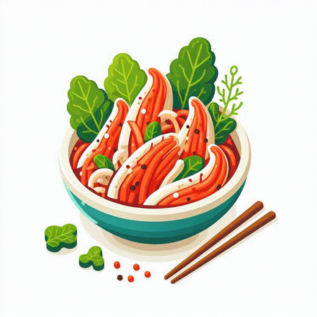 Illustration of a bowl of udon noodles with vegetables and sauceのイラスト素材