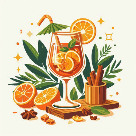 Cocktail with orange and cinnamon. Vector illustration in flat styleのイラスト素材