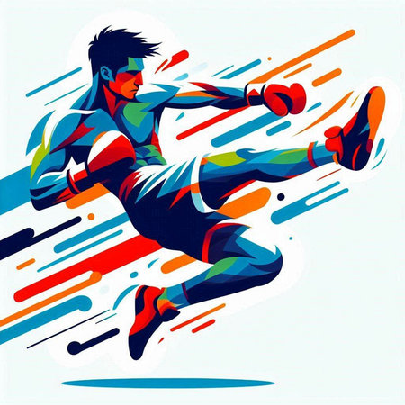 illustration of a boxer in action on a background of colored stripesのイラスト素材