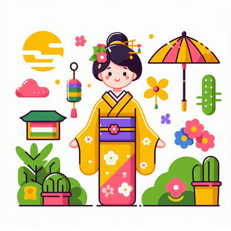 Japanese girl wearing a kimono in the garden. Vector illustrationのイラスト素材