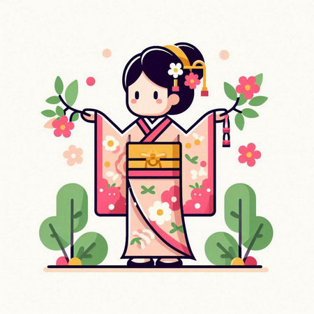 Japanese girl in traditional dress with cherry blossom. Flat vector illustration.のイラスト素材