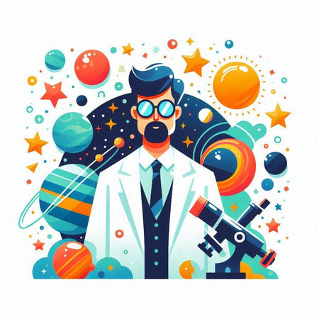 Scientist in flat style. Vector illustration of a scientist with a microscope.のイラスト素材