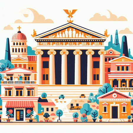 Vector illustration of the cityscape with the facade of the theater.のイラスト素材