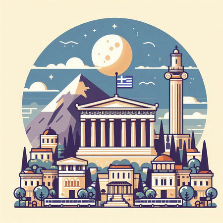 Vector illustration of famous buildings in Athens, Greece. Retro style.のイラスト素材