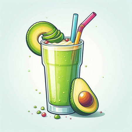 Avocado smoothie in a glass with straws. Vector illustration.のイラスト素材