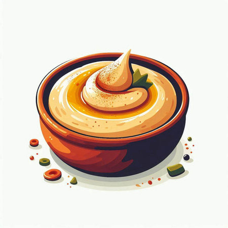Bowl of hummus. Vector illustration on a white background.のイラスト素材