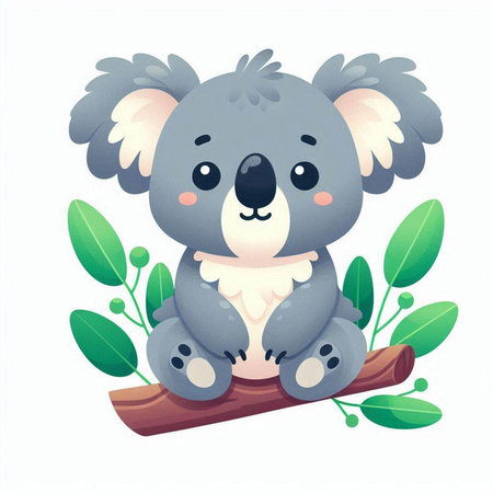 Cute koala sitting on a branch with leaves. Vector illustration.のイラスト素材