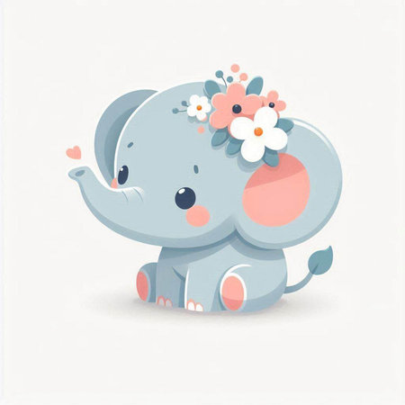 Cute cartoon elephant with flowers on white background. Vector illustration.のイラスト素材