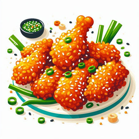 Fried chicken wings with sesame seeds and green onion on white backgroundのイラスト素材