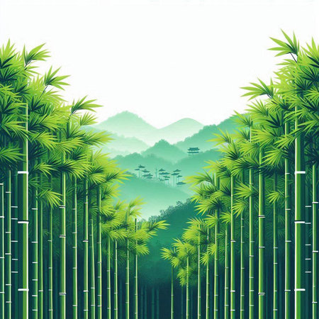 Bamboo forest background with green leaves and mountains. Vector illustration.のイラスト素材