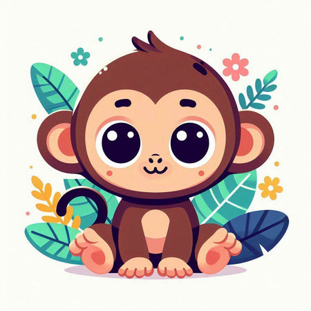 Cute baby monkey sitting on the floor surrounded by leaves. Vector illustration.