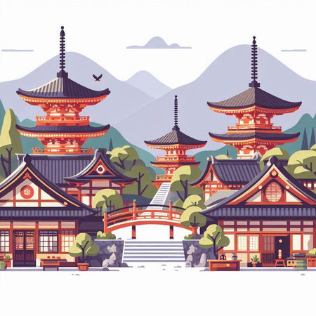 Korean traditional architecture in the mountains. Vector illustration in flat styleのイラスト素材