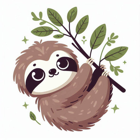 Cute cartoon sloth with a branch and leaves. Vector illustration.のイラスト素材