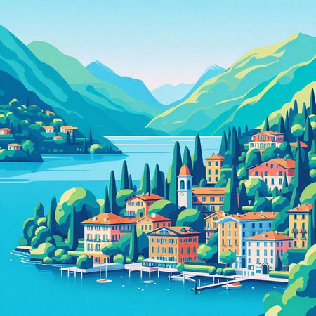 Village on the shore of Lake Como, Italy. Vector illustrationのイラスト素材