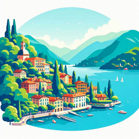 Beautiful view of Lake Como, Italy. Vector illustration.のイラスト素材