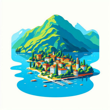Island of Como, Italy, Europe. Landscape with lake and mountains. Vector illustrationのイラスト素材