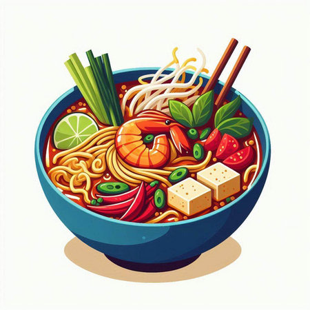 Noodles in a bowl with chopsticks. Vector illustration.