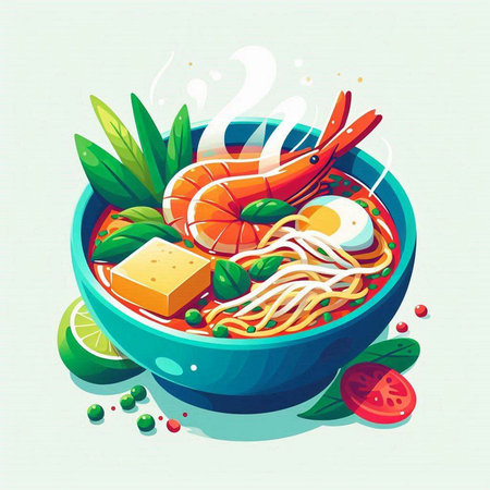 Bowl of noodle soup with shrimps. Vector illustration.のイラスト素材