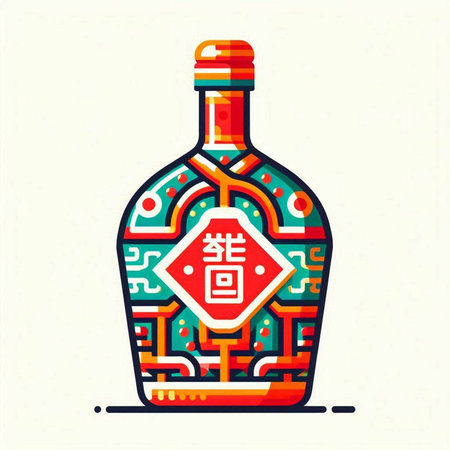 Chinese wine bottle with hieroglyphs. Vector illustration in flat styleのイラスト素材