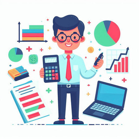 Businessman with calculator, laptop and notebook. Vector illustration in flat styleのイラスト素材