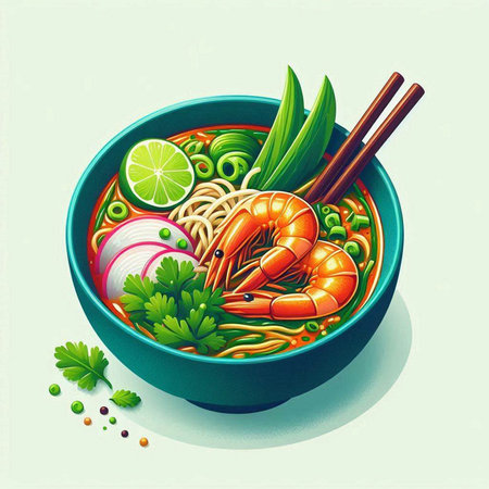 Noodles with shrimps and vegetables in bowl. Vector illustration.