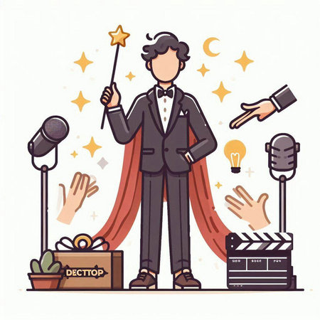 Vector illustration of a man in a suit with a microphone and a clapperboard.のイラスト素材