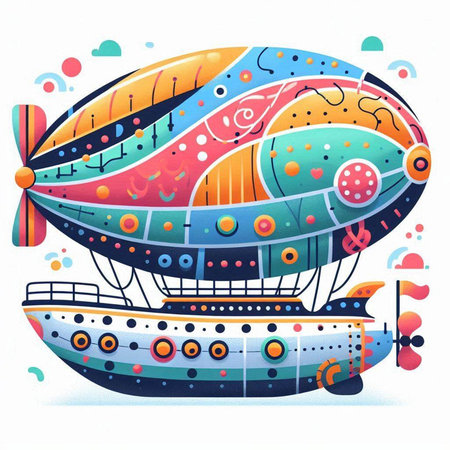 Vector illustration of an abstract airship with colorful patterns on a white backgroundのイラスト素材