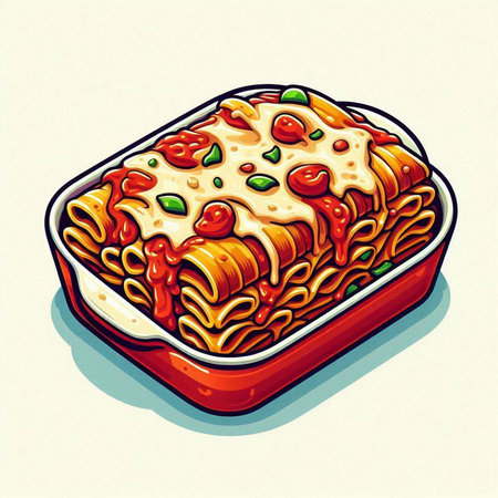 Illustration of a plate of lasagna with tomato sauce and parsleyのイラスト素材
