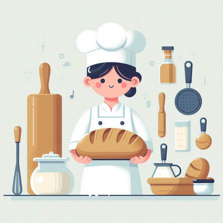Cute chef with bread. Vector illustration in flat cartoon style.のイラスト素材