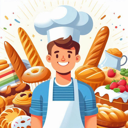 Cartoon baker with various breads and pastry. Vector illustration.のイラスト素材