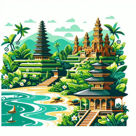 Buddhist temple in the jungle. Vector illustration of Bali.のイラスト素材