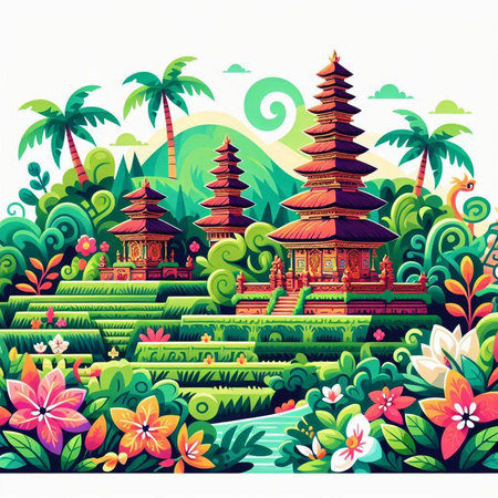 Pura Ulun Danu Bratan temple in Bali, Indonesiaのイラスト素材
