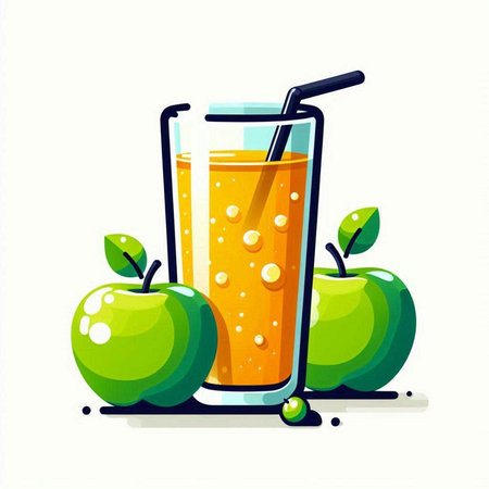 Juice in glass with straw and green apples. Vector illustration.のイラスト素材