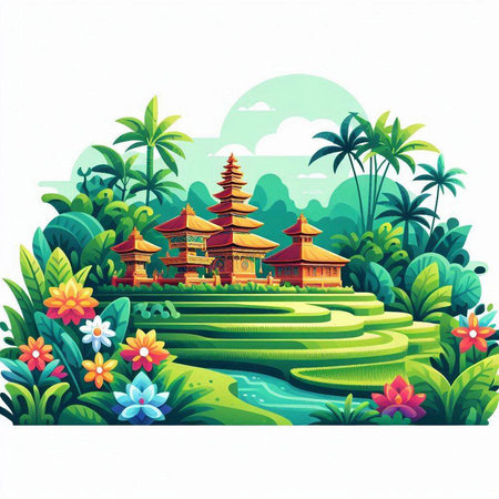 Tropical landscape with pagoda and flowers. Vector illustration.のイラスト素材