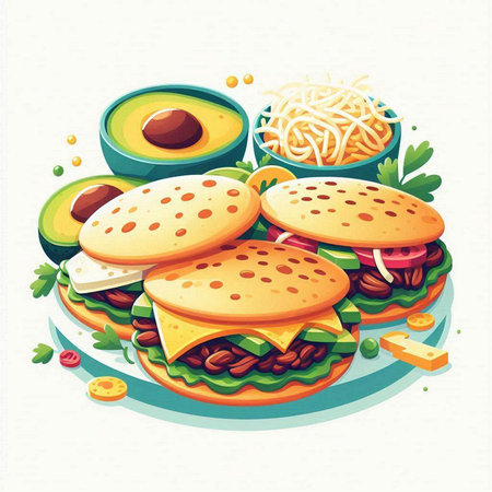 Illustration of fast food, hamburger, cheeseburger, french fries, avocado, lettuce, tomato.のイラスト素材