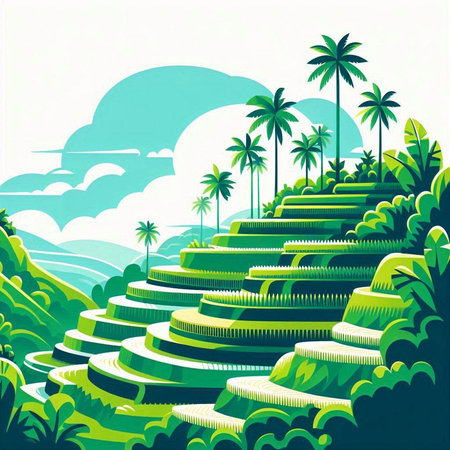 Illustration of a tropical island with palm trees and mountains in the backgroundのイラスト素材